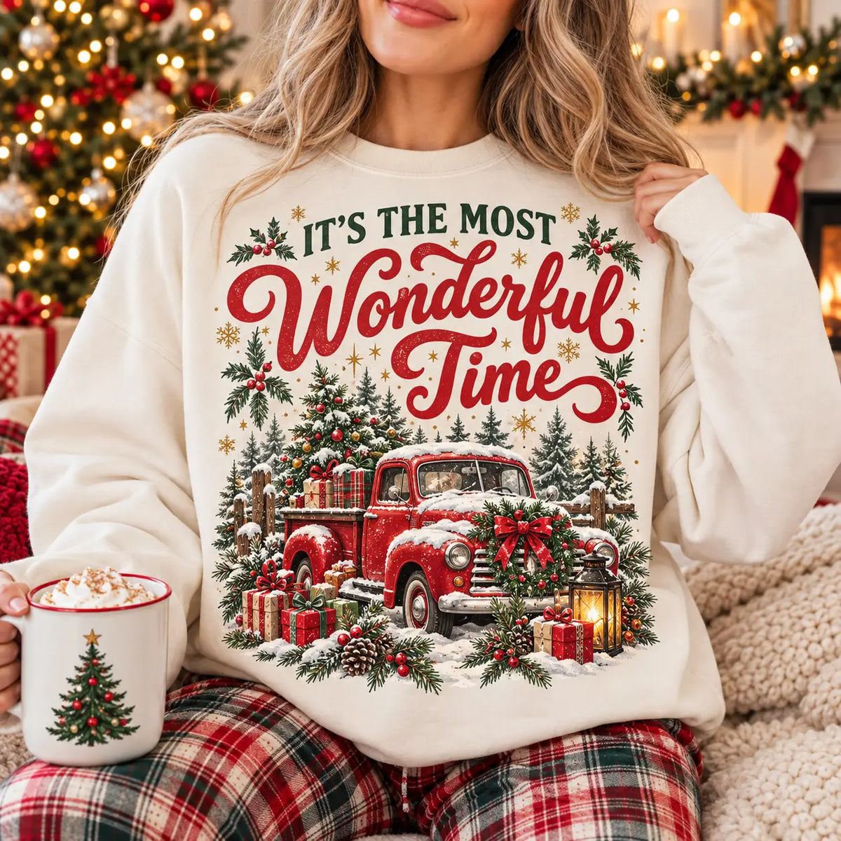 It's The Most Wonderful Time Red Truck Crewneck Christmas Sweatshirt, Winter Sweater Outfit
