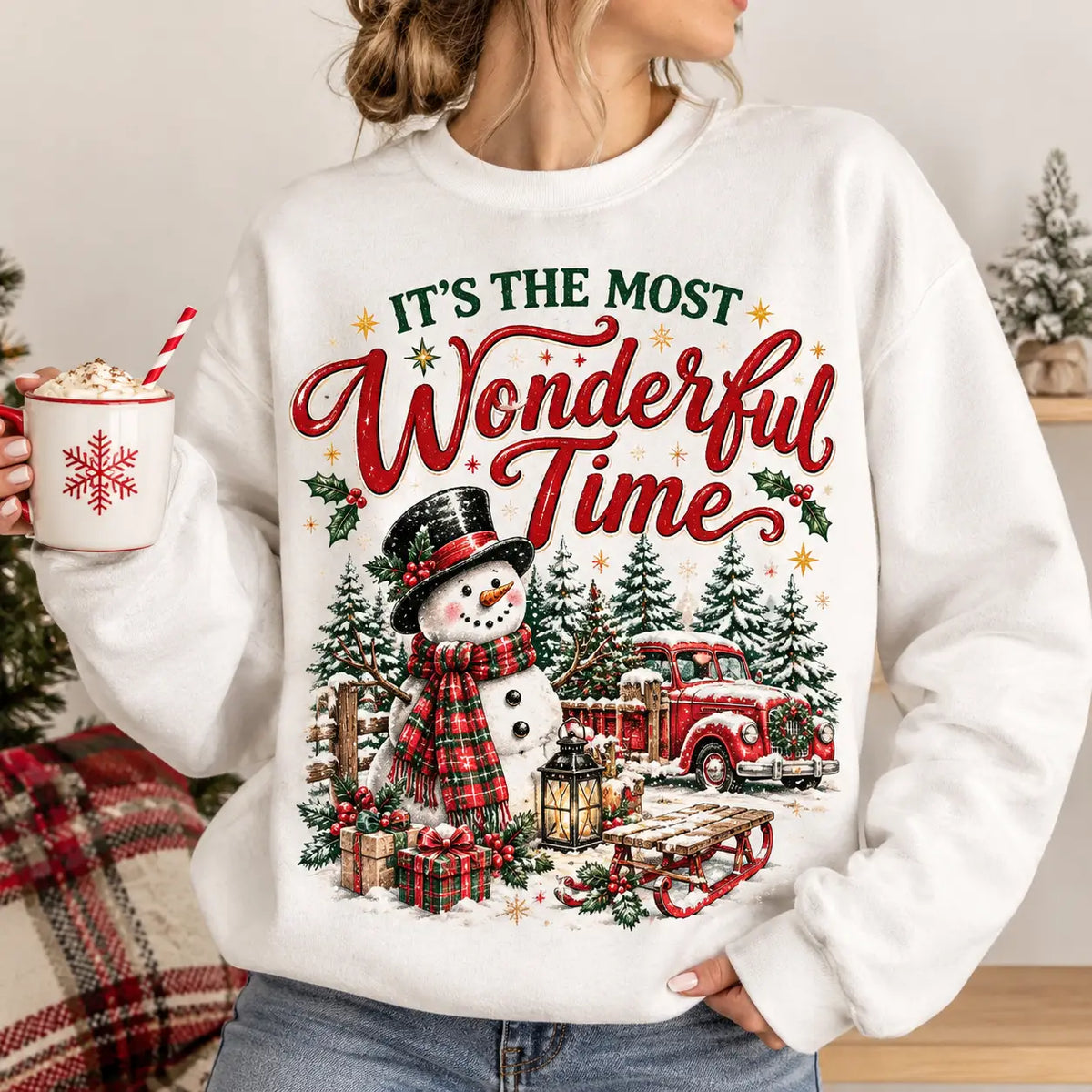Vintage Snowman & Red Truck Christmas Sweatshirt, Winter Sweater Outfit