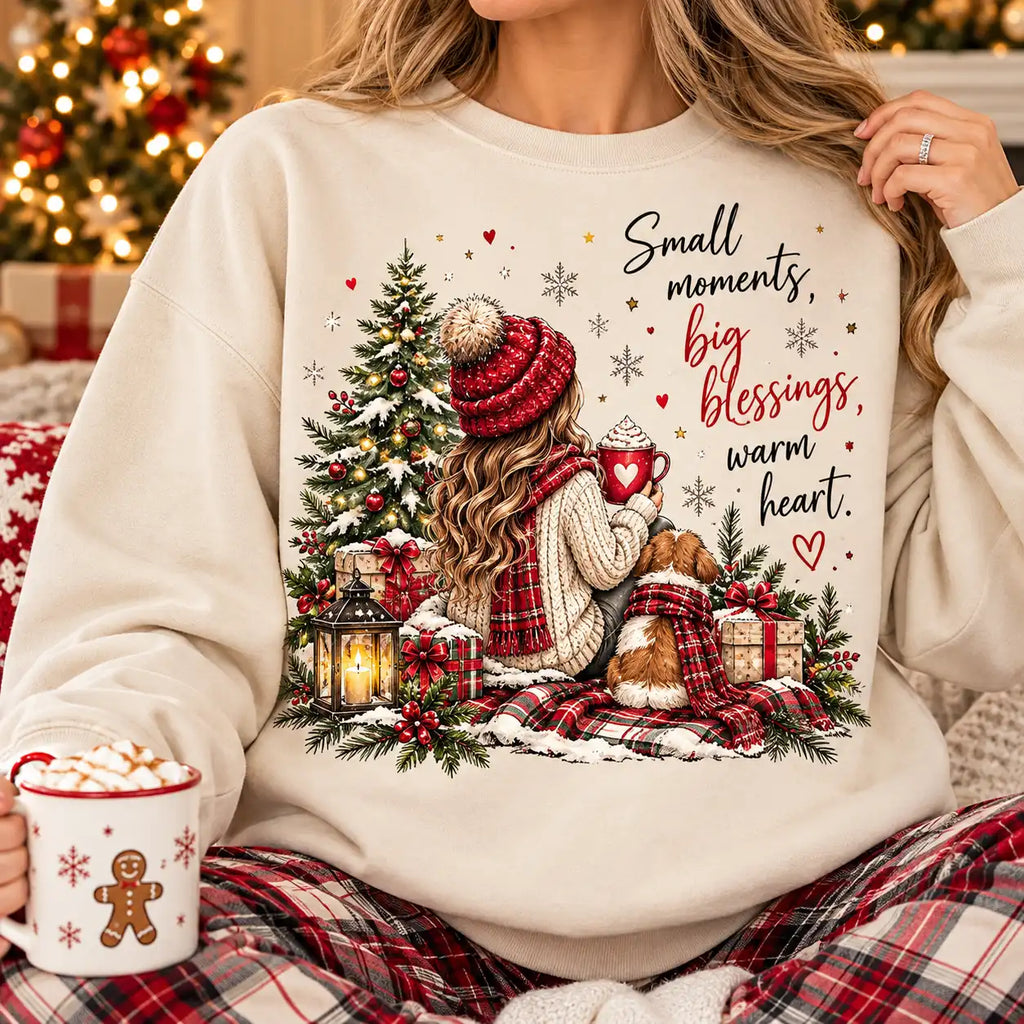 Small Moments Big Blessings Warm Heart Sweatshirt, Cozy Girl and Dog Christmas Crewneck