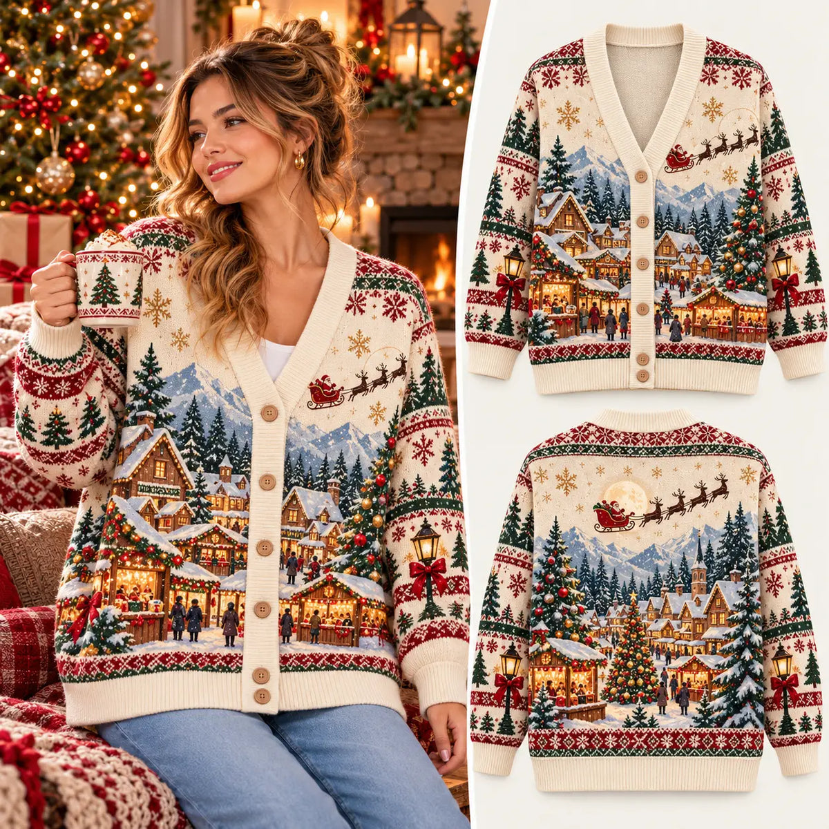 Vintage Christmas Village & Santa Sleigh Knitted Cardigan - Women's Holiday Sweater