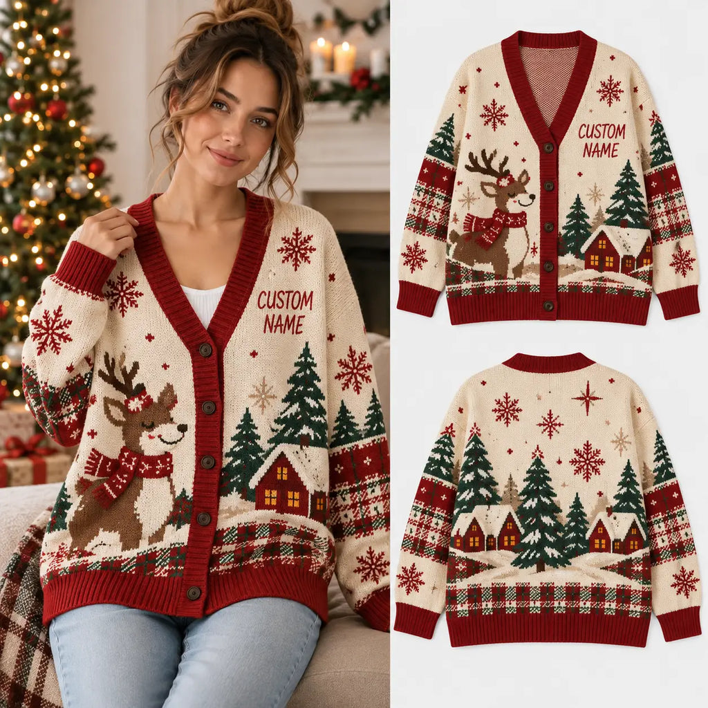 Personalized "Cozy Reindeer & Winter Cabin" Knitted Cardigan