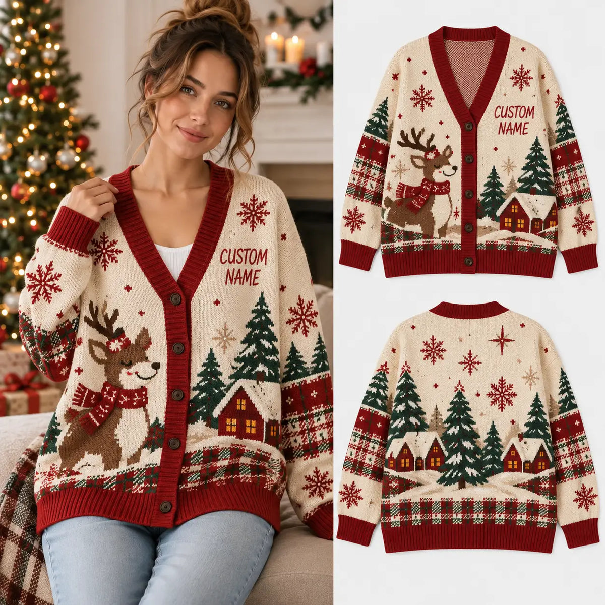 Personalized "Cozy Reindeer & Winter Cabin" Knitted Cardigan