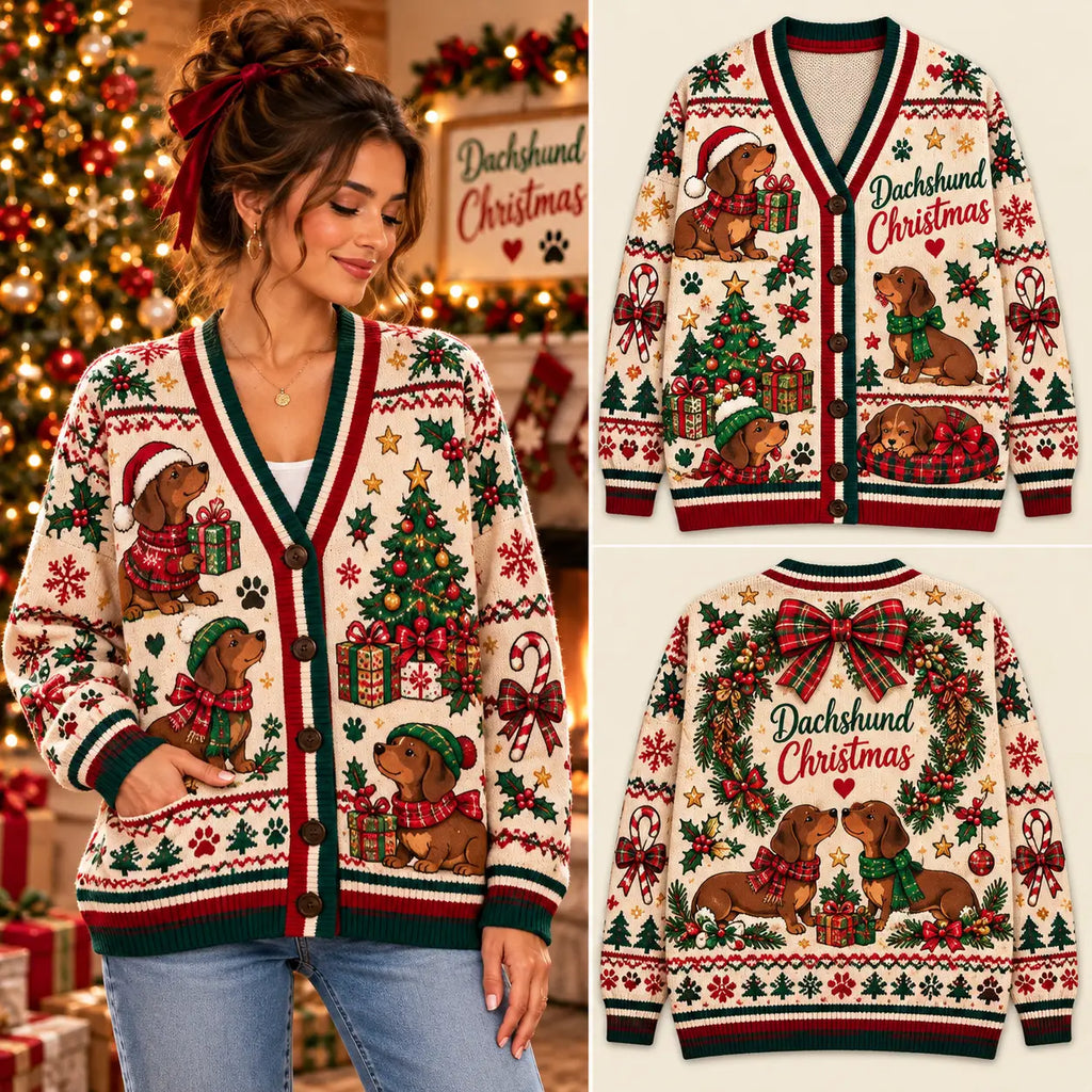Dachshund Christmas Cute Doxie Dog Lover Knitted Cardigan Sweater