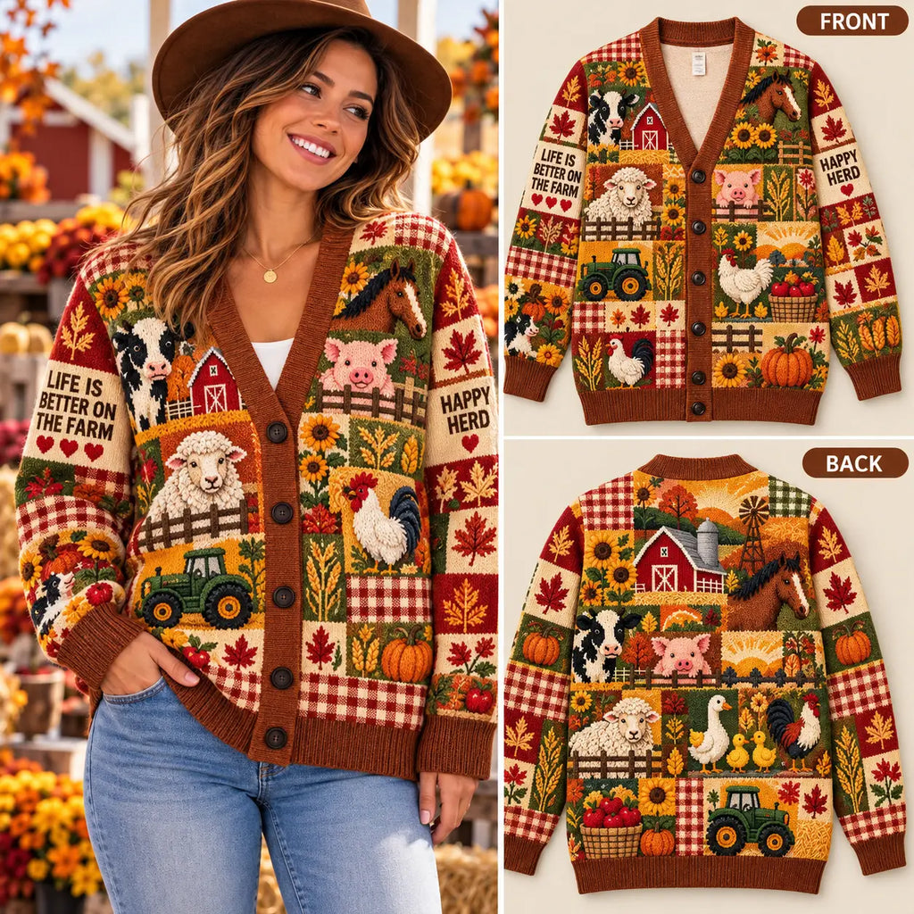 "Life Is Better On The Farm" Christmas Knitted Cardigan - Farmhouse Autumn Animals Sweater