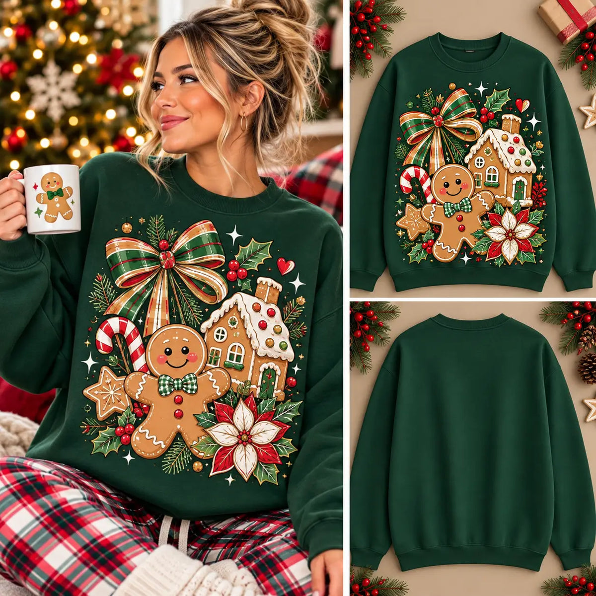 Retro Christmas Gingerbread House & Candy Cane Graphic Sweatshirt