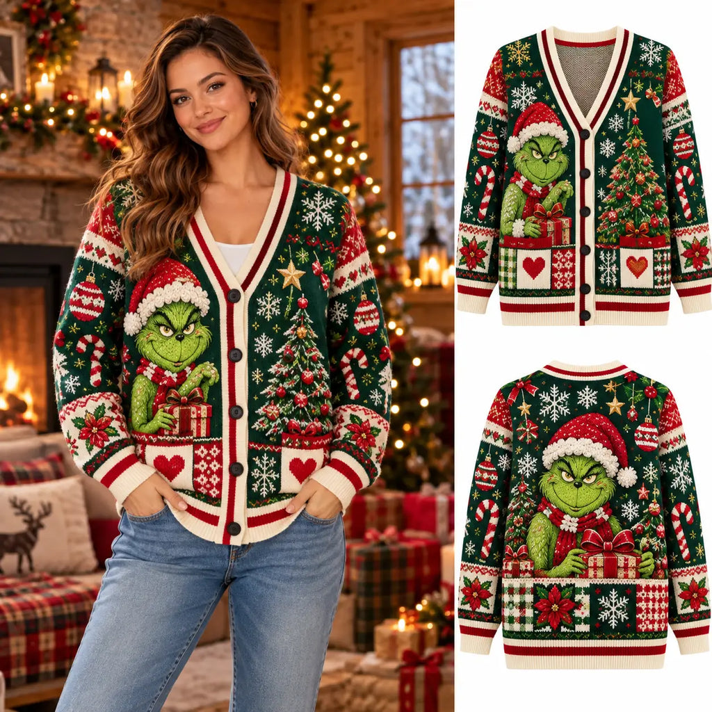 Cozy Grinch Christmas Knitted Cardigan, Festive Winter Outfit Sweater