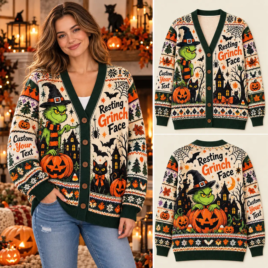 Personalized Resting Grinch Face Halloween Knitted Cardigan Sweater