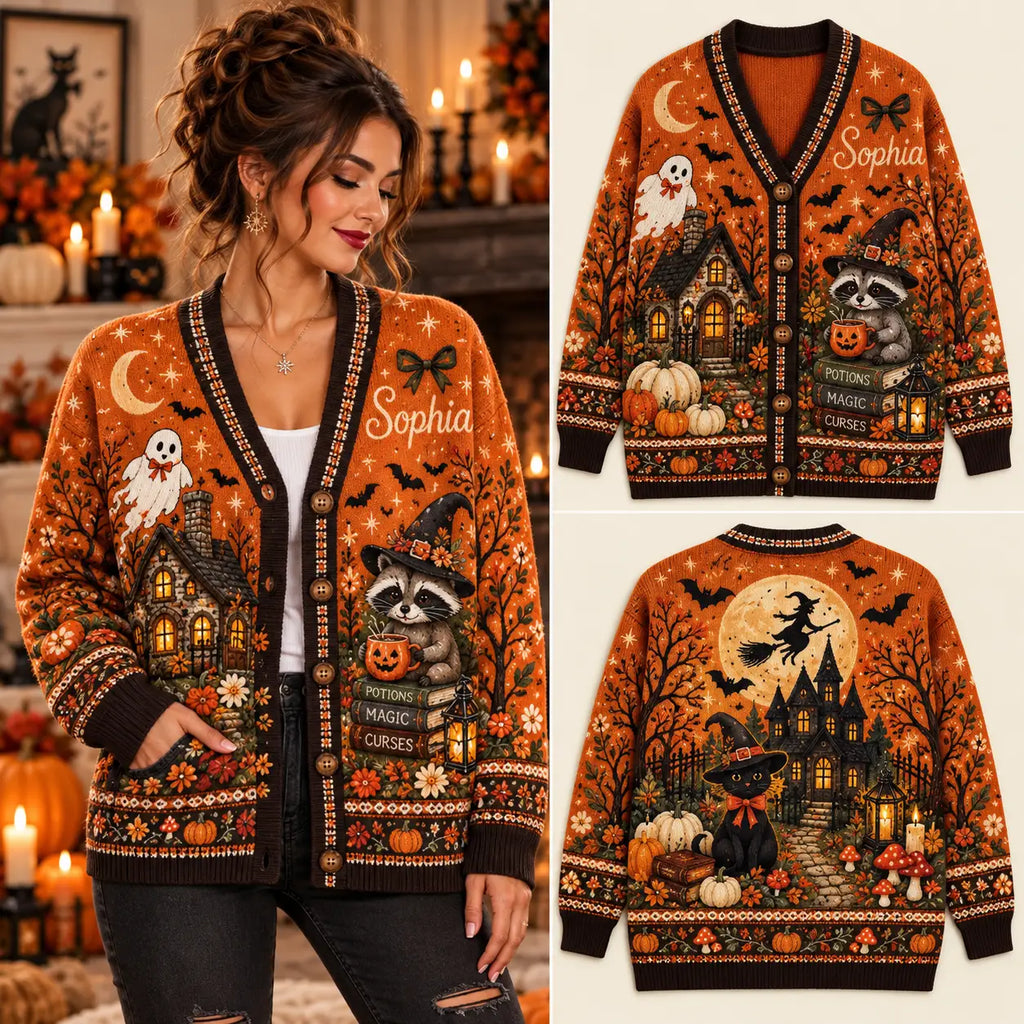 Personalized Halloween Witch Raccoon & Ghost Knitted Cardigan - Custom Name Sweater