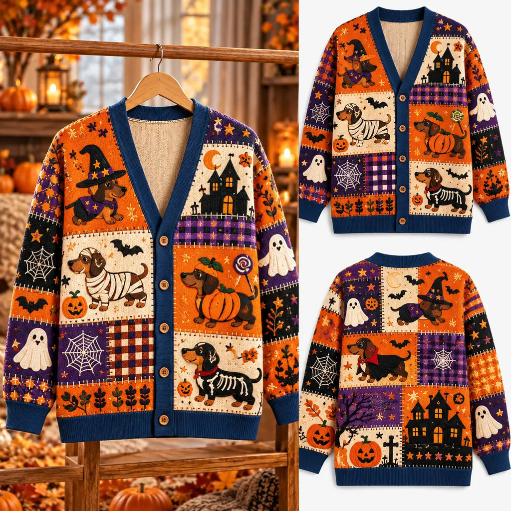 Halloween Dachshund Costume Patchwork Knitted Cardigan - Spooky Dog Lover Sweater