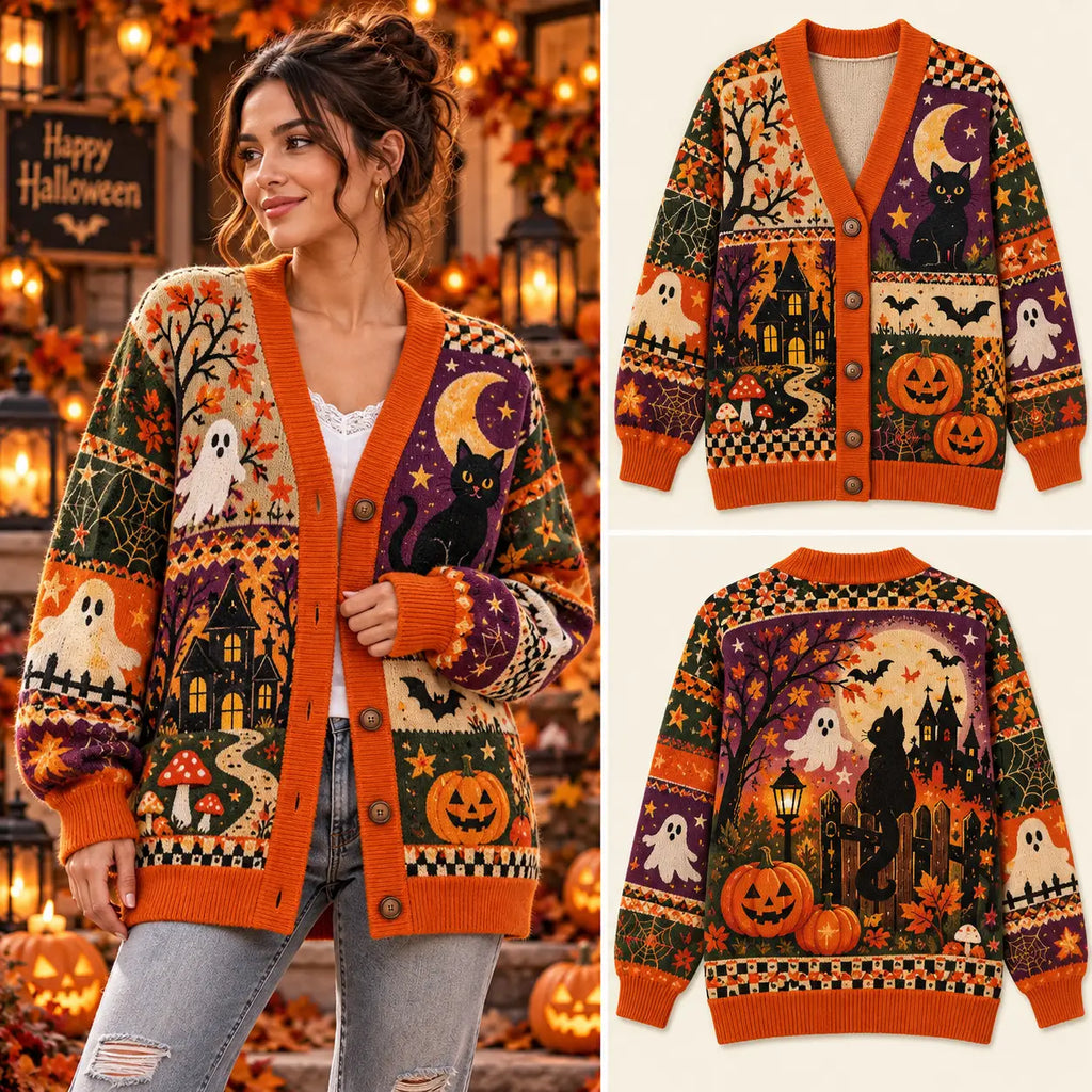 Vintage Halloween Patchwork Knitted Cardigan - Black Cat Ghost & Pumpkin Sweater