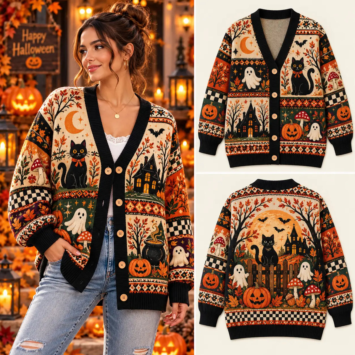 Vintage Spooky Halloween Patchwork Knitted Cardigan - Black Cat & Pumpkin Sweater