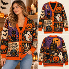 Spooky Halloween Witchy Patchwork Knitted Cardigan - "Stay Spooky" Cauldron Sweater