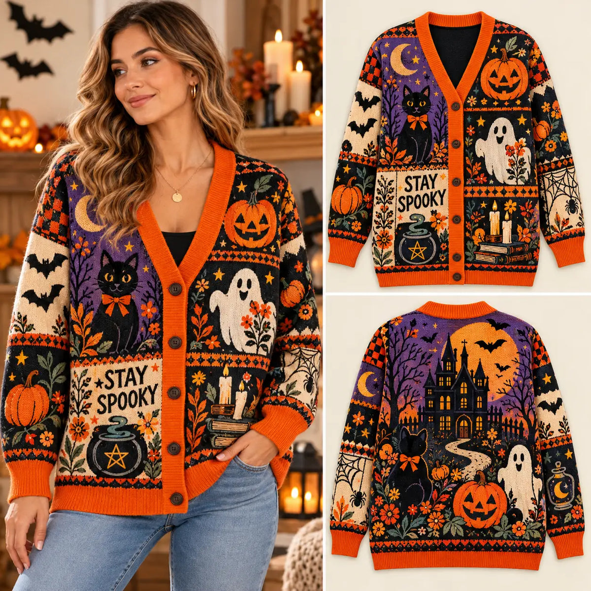 Spooky Halloween Witchy Patchwork Knitted Cardigan - "Stay Spooky" Cauldron Sweater