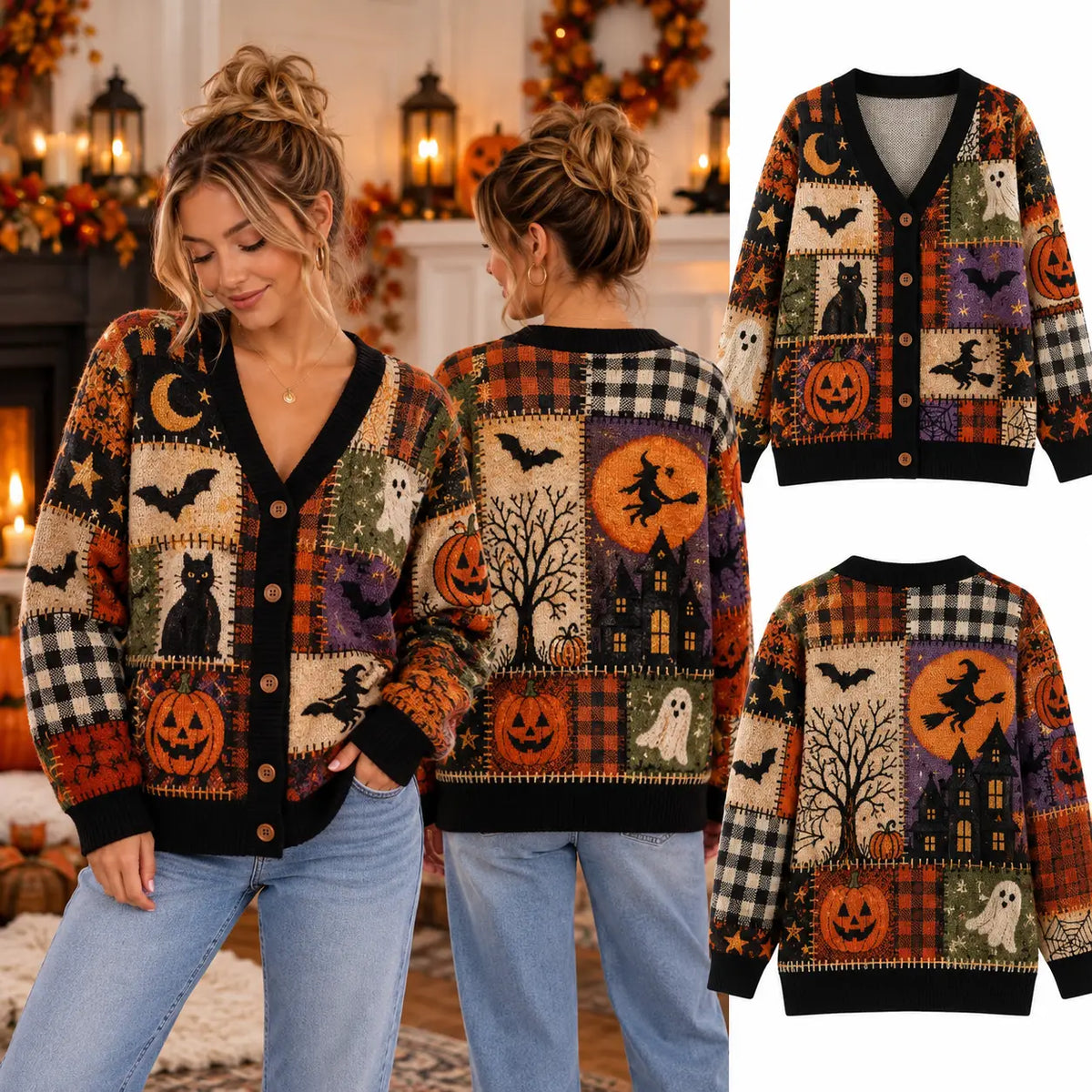 Vintage Cozy Halloween Witch Patchwork Knitted Cardigan, Cozy Winter Outfit Sweater
