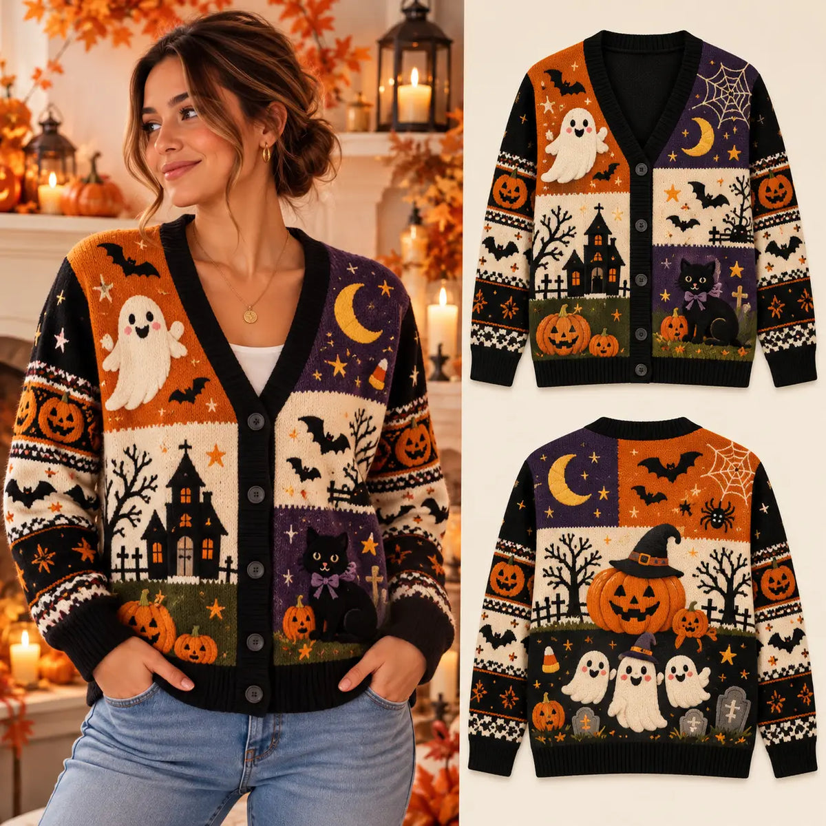 Cute Halloween Ghost, Black Cat & Pumpkin Patchwork Knitted Cardigan Sweater