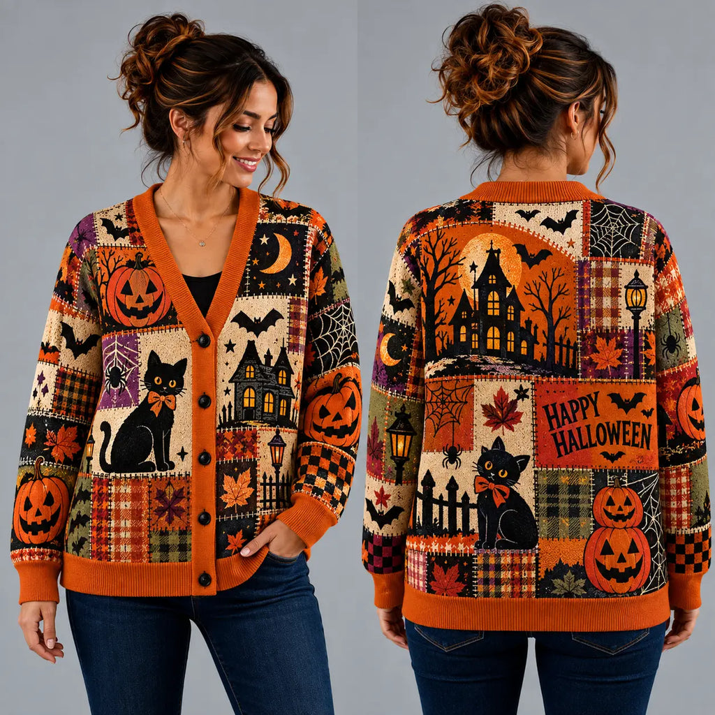 Vintage "Happy Halloween" Jack-o'-Lantern & Black Cat Knitted Cardigan