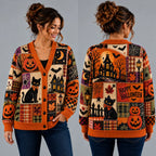 Vintage "Happy Halloween" Jack-o'-Lantern & Black Cat Knitted Cardigan