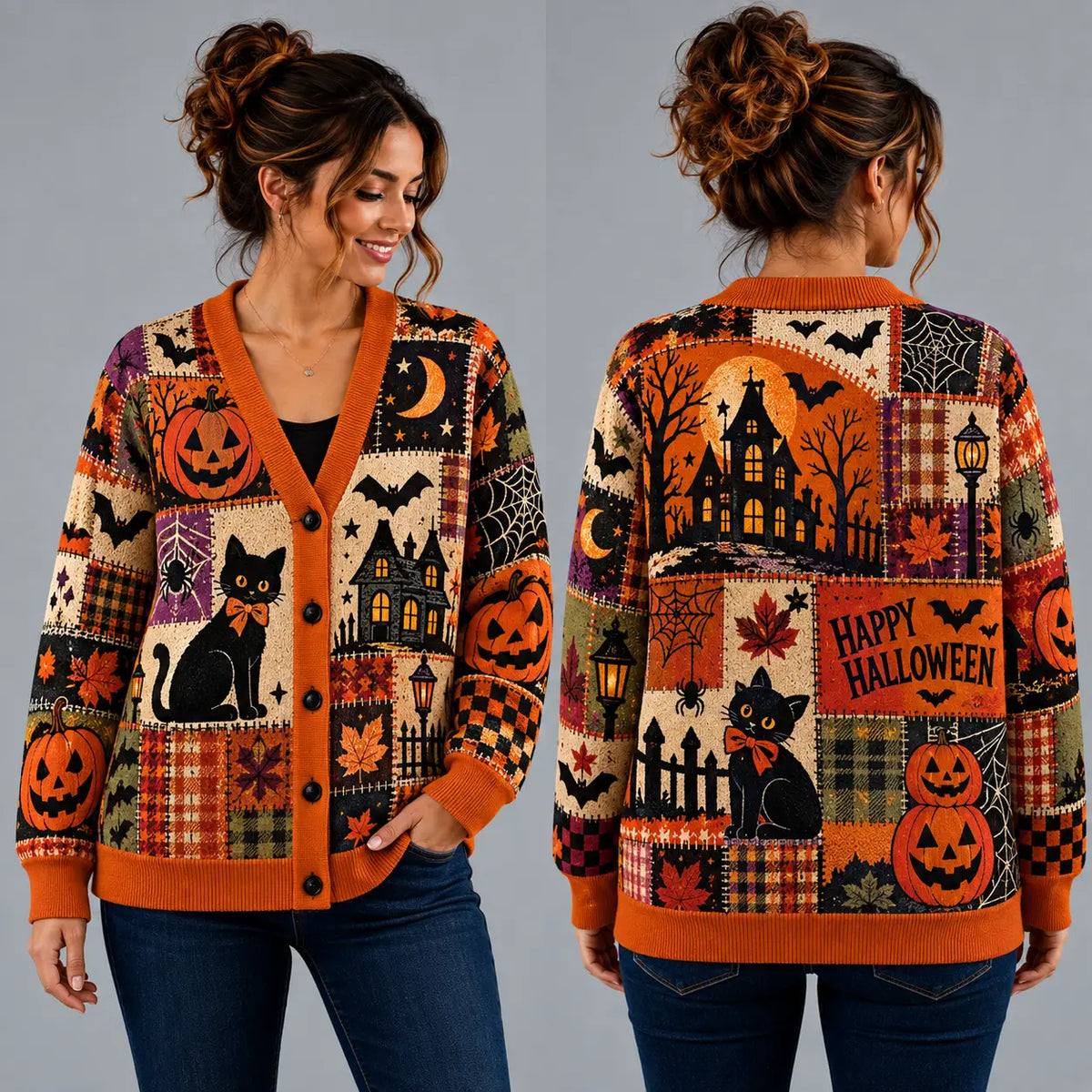Vintage "Happy Halloween" Jack-o'-Lantern & Black Cat Knitted Cardigan