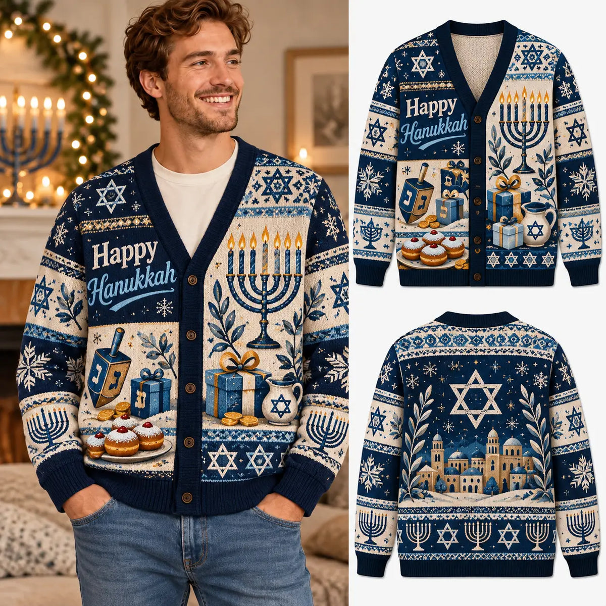 Happy Cozy Hanukkah Knitted Cardigan, Autumn Sweater