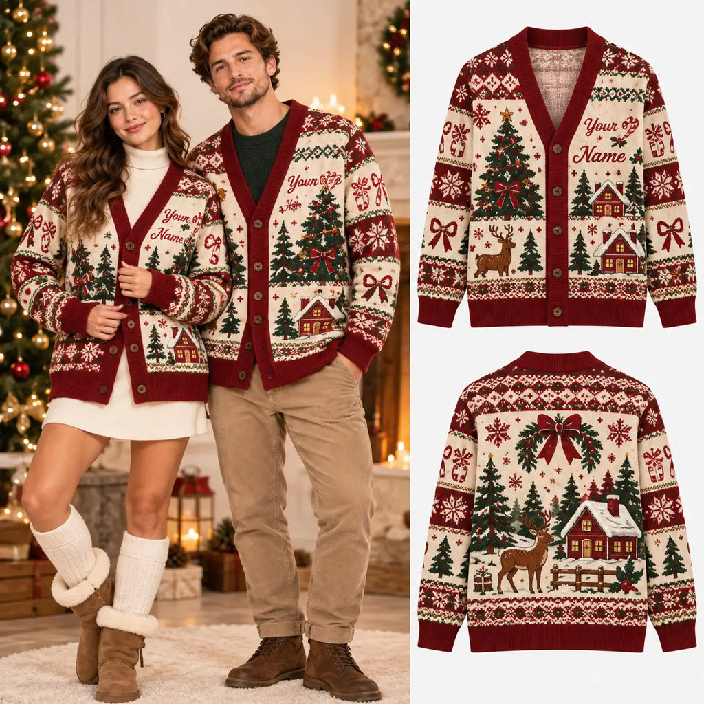 Personalized Christmas Reindeer & Cabin Knitted Cardigan - Red Couples Sweater