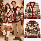Personalized Christmas Reindeer & Cabin Knitted Cardigan - Red Couples Sweater