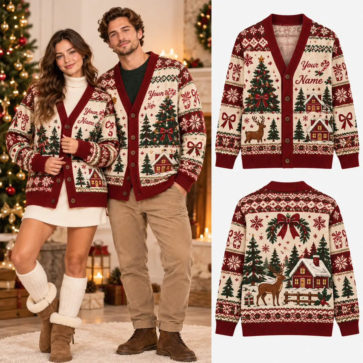 Personalized Christmas Reindeer & Cabin Knitted Cardigan - Red Couples Sweater
