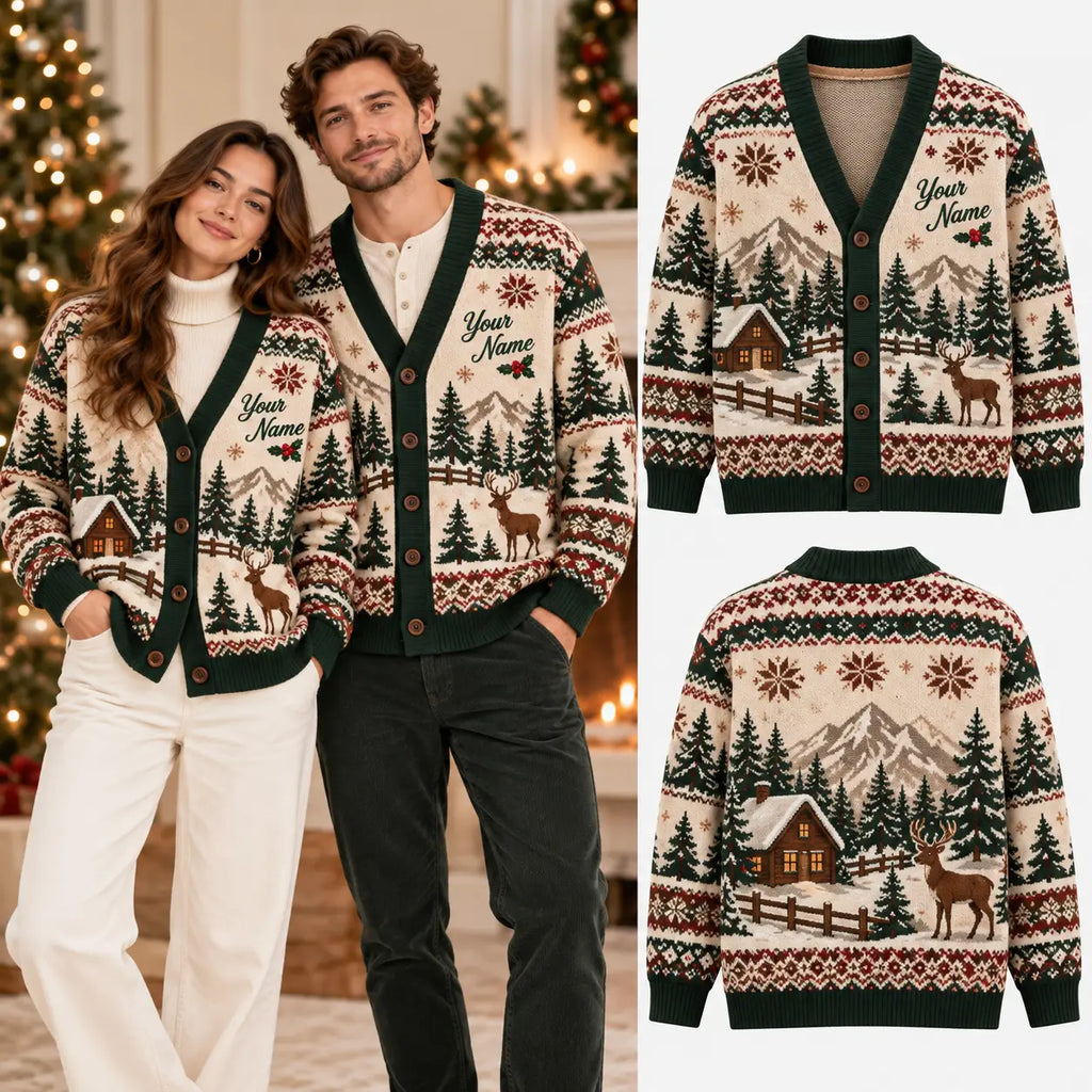Personalized Couple Name Farmhouse Christmas Knitted Cardigan, Cozy Winter Outfit Sweater