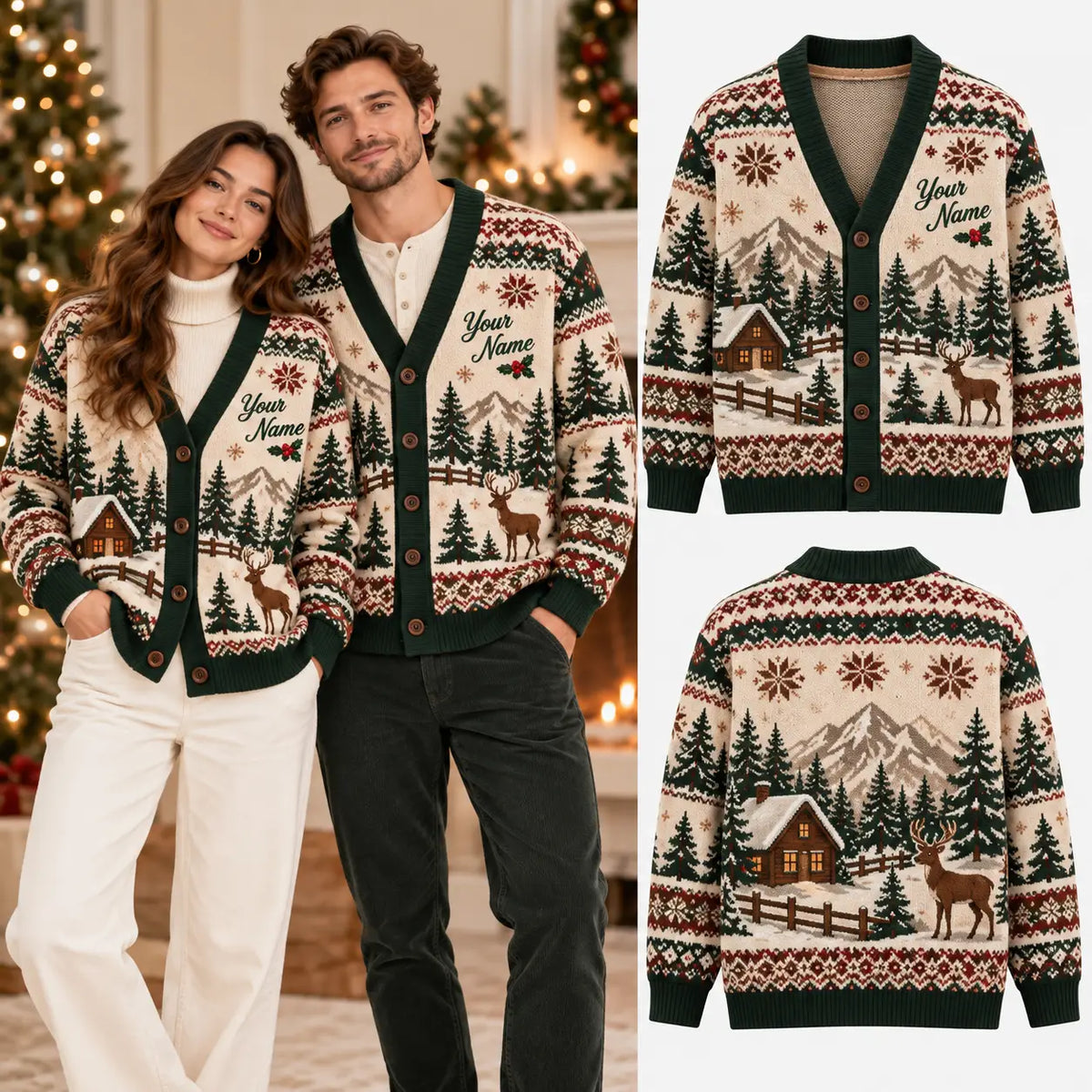 Personalized Couple Name Farmhouse Christmas Knitted Cardigan, Cozy Winter Outfit Sweater