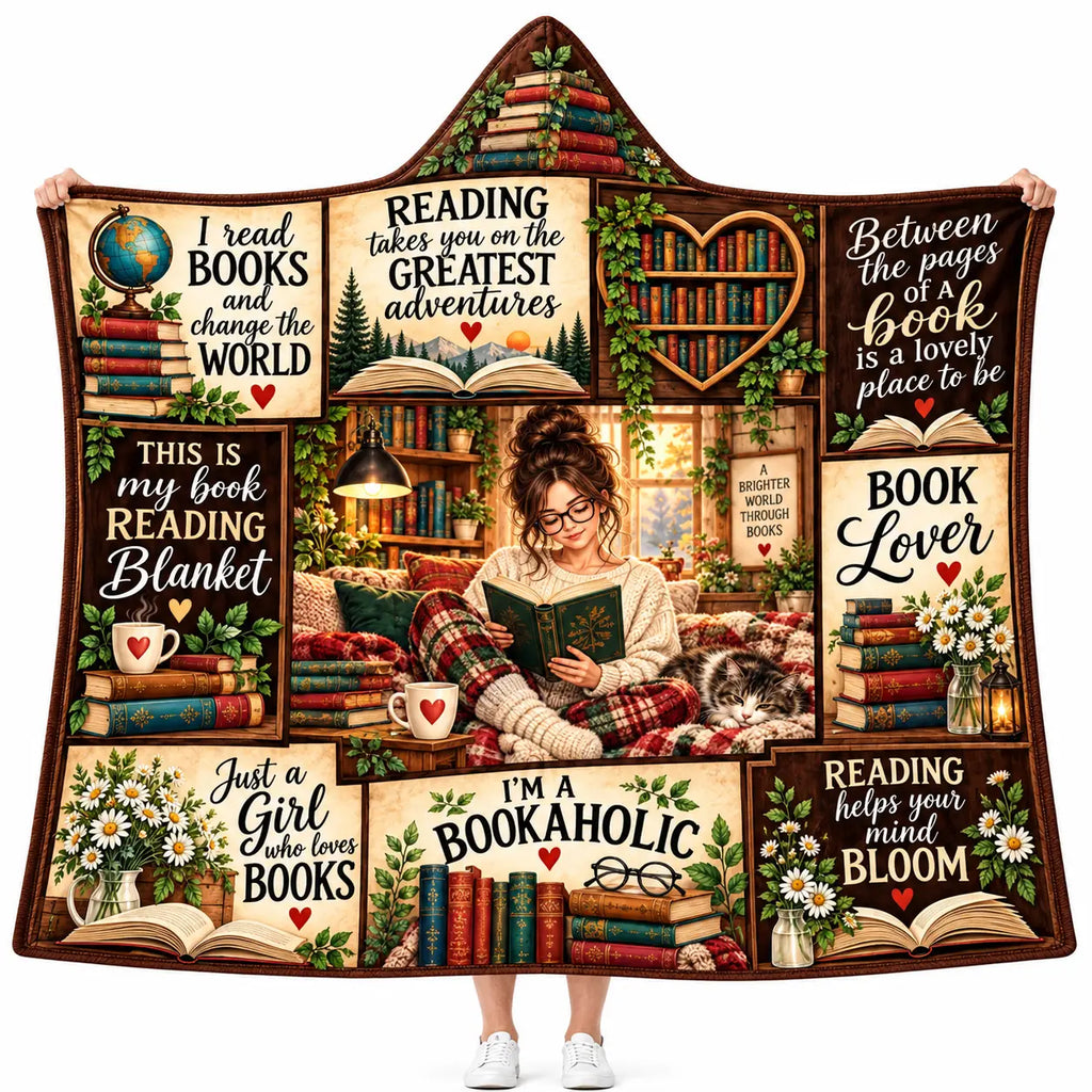 Cozy Book Lover Hooded Blanket, Bookworm Reading Blanket Bookish Gift Women