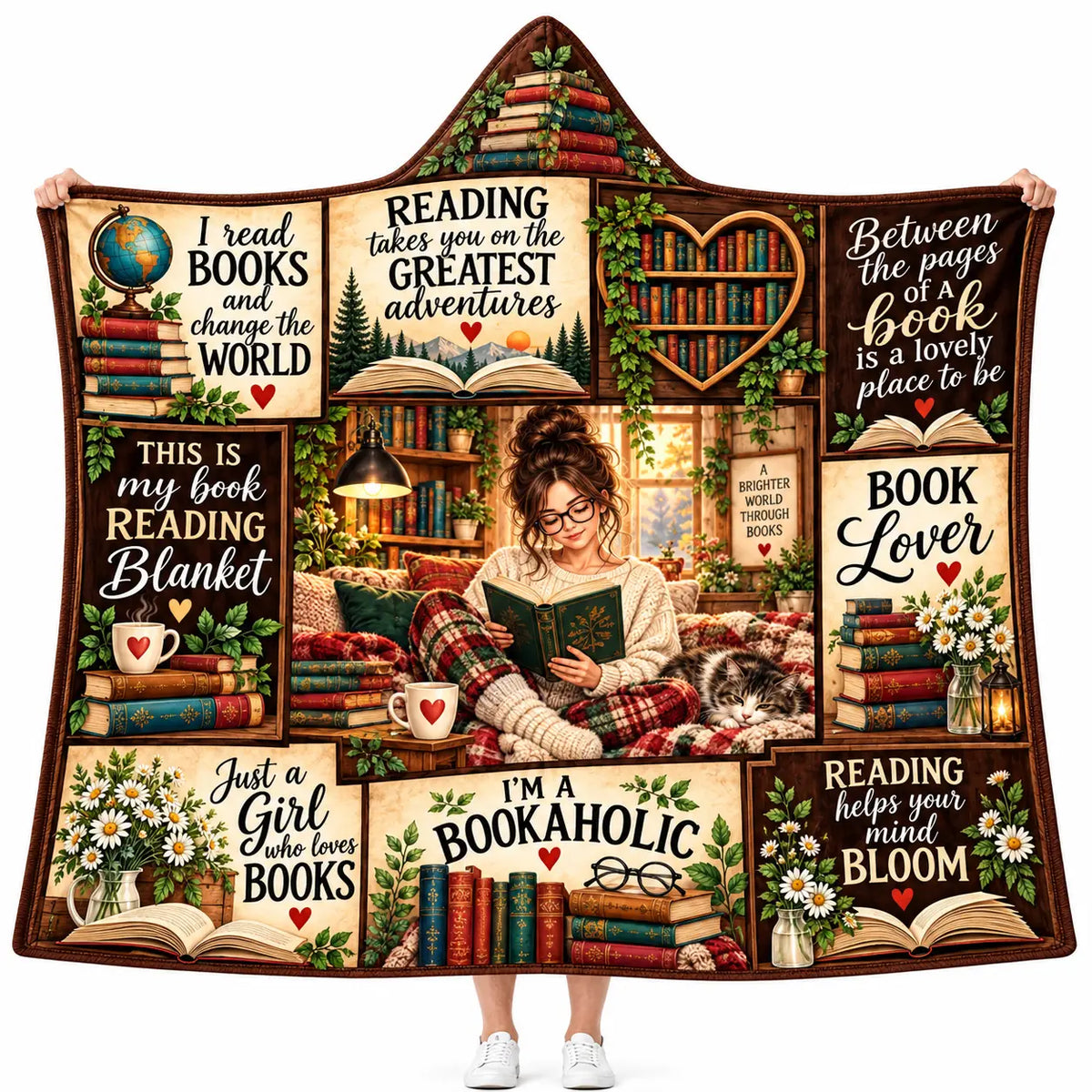 Cozy Book Lover Hooded Blanket, Bookworm Reading Blanket Bookish Gift Women