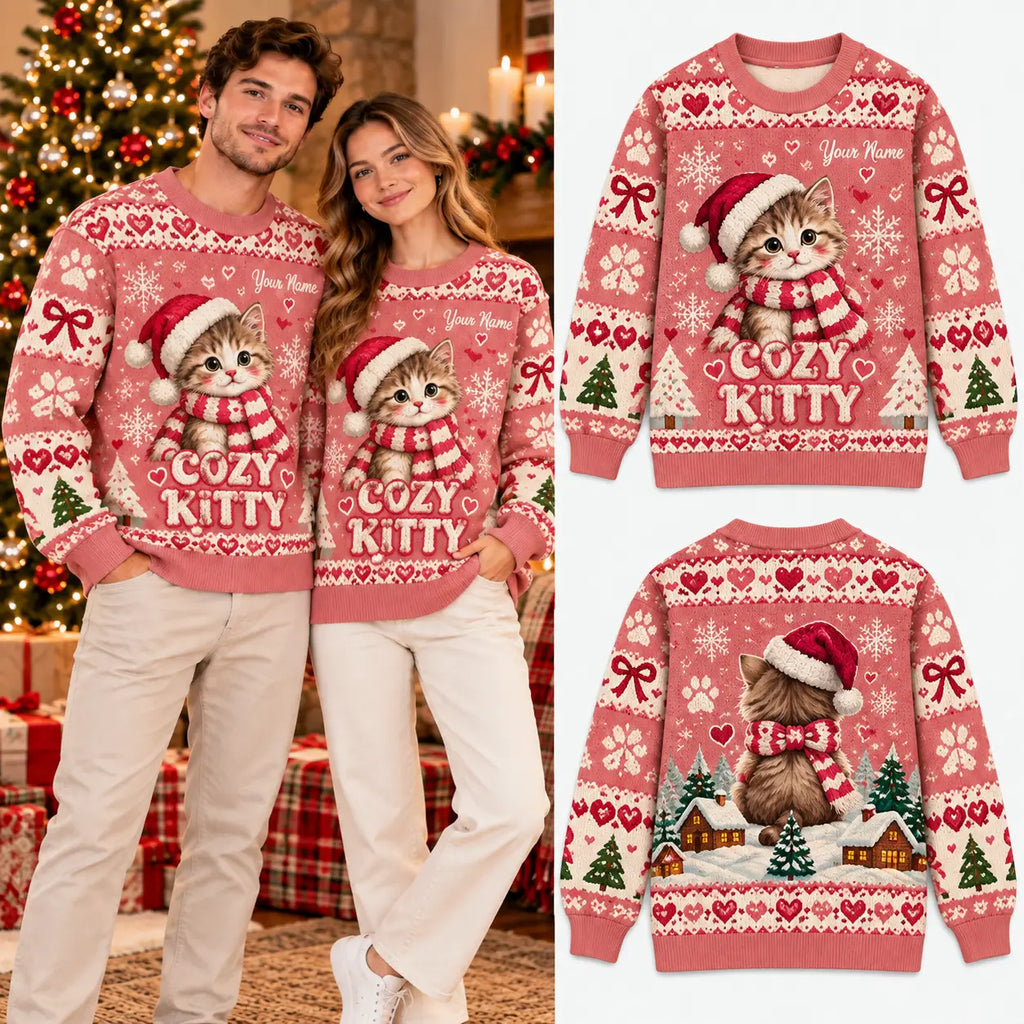 Custom Name Cozy Kitty Snowflake & Ribbon Christmas Sweatshirt