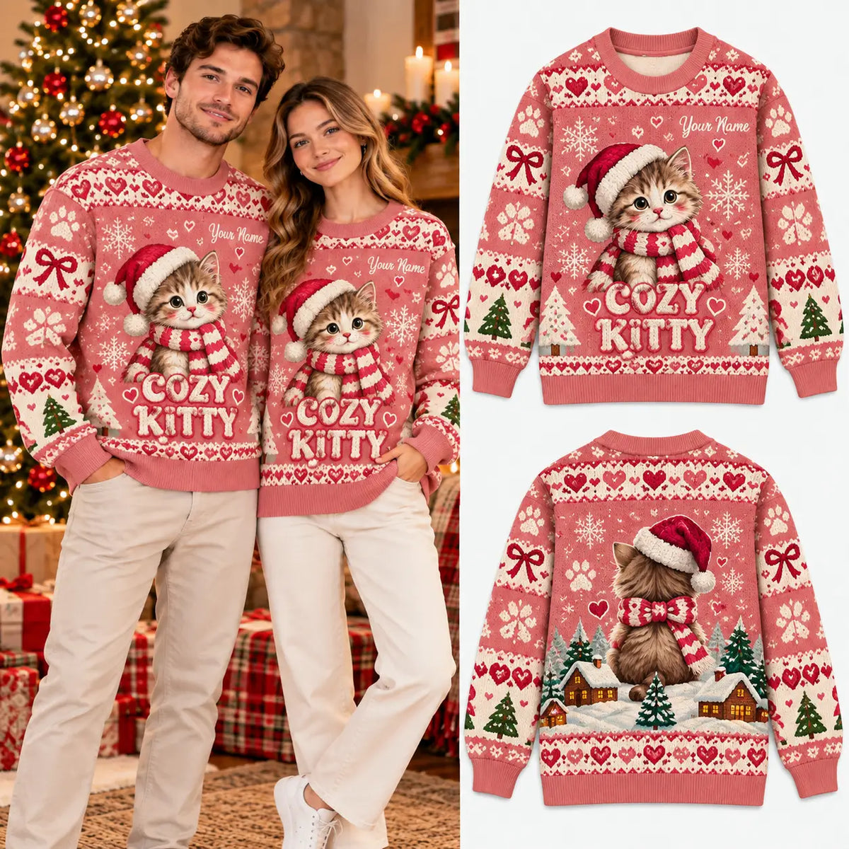 Custom Name Cozy Kitty Snowflake & Ribbon Christmas Sweatshirt