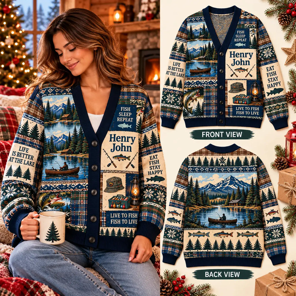 Personalized Lake Life & Fishing Knitted Cardigan Sweater