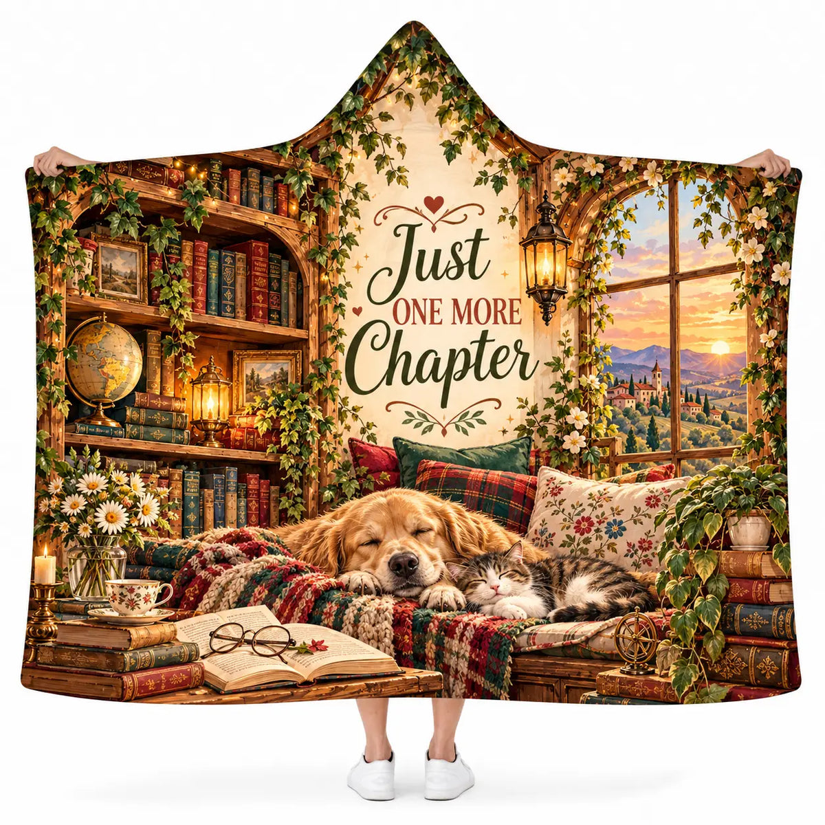Just One More Chapter Hooded Blanket, Sleeping Dog Cat Book Lover Reading Gift