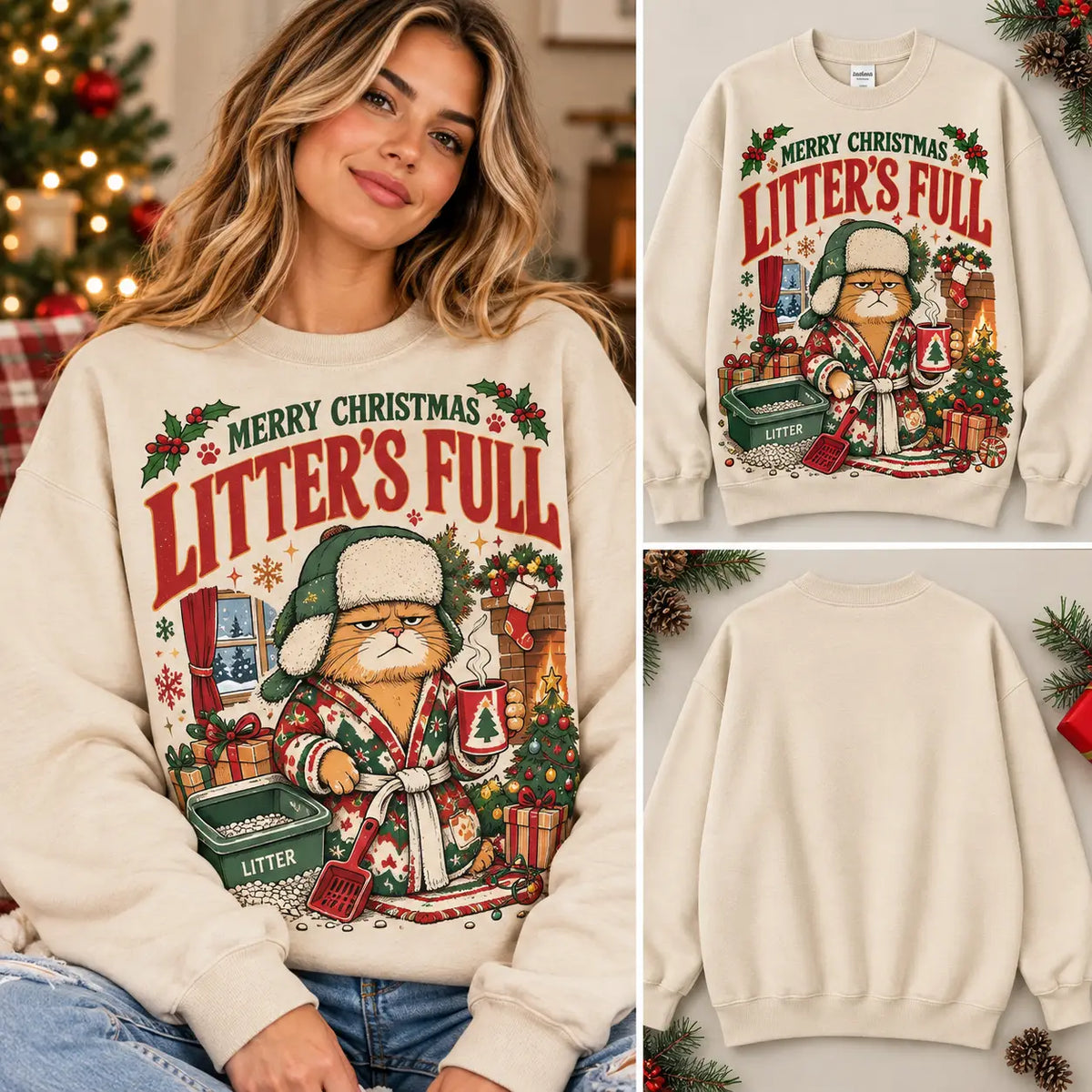Grumpy Cat In Bathrobe Christmas Litter Box Graphic Sweatshirt