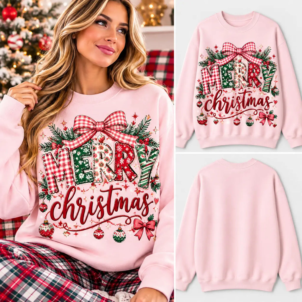Retro Christmas Ribbon Bow & Ornaments Pink Graphic Crewneck