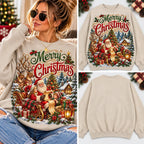 Retro Merry Christmas Santa Sleigh & Reindeer Graphic Sweatshirt