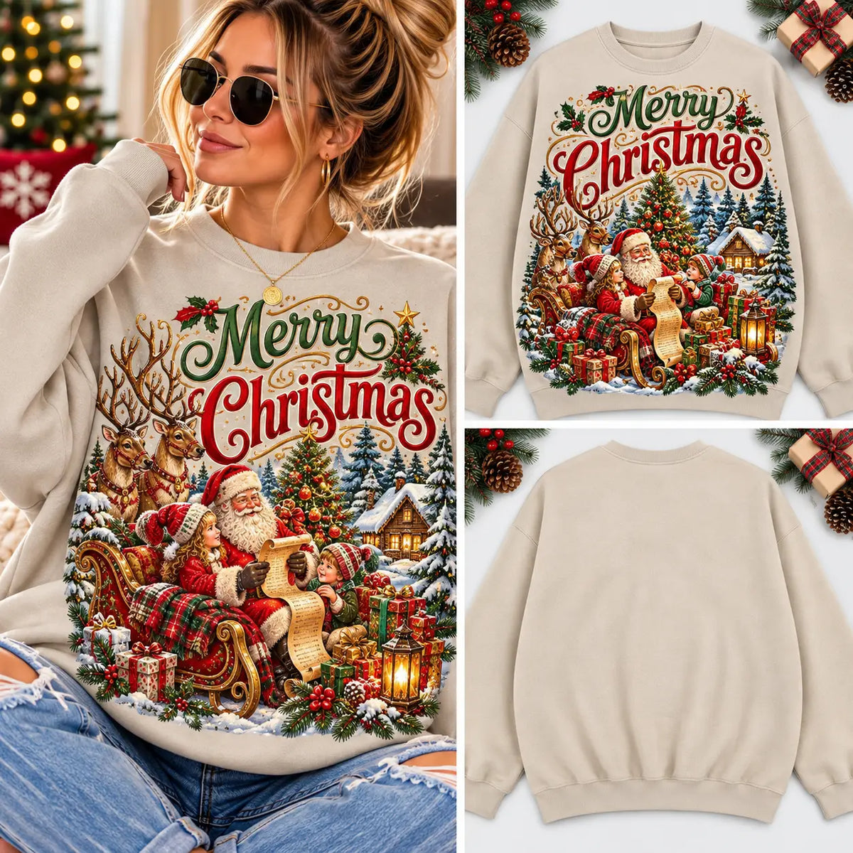 Retro Merry Christmas Santa Sleigh & Reindeer Graphic Sweatshirt