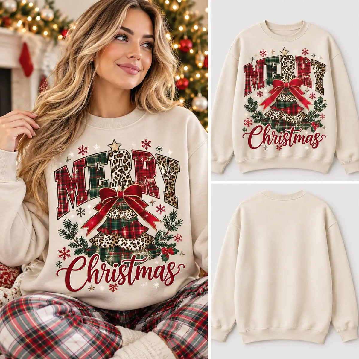 Retro Plaid Leopard Pattern Christmas Tree Sand Sweatshirt