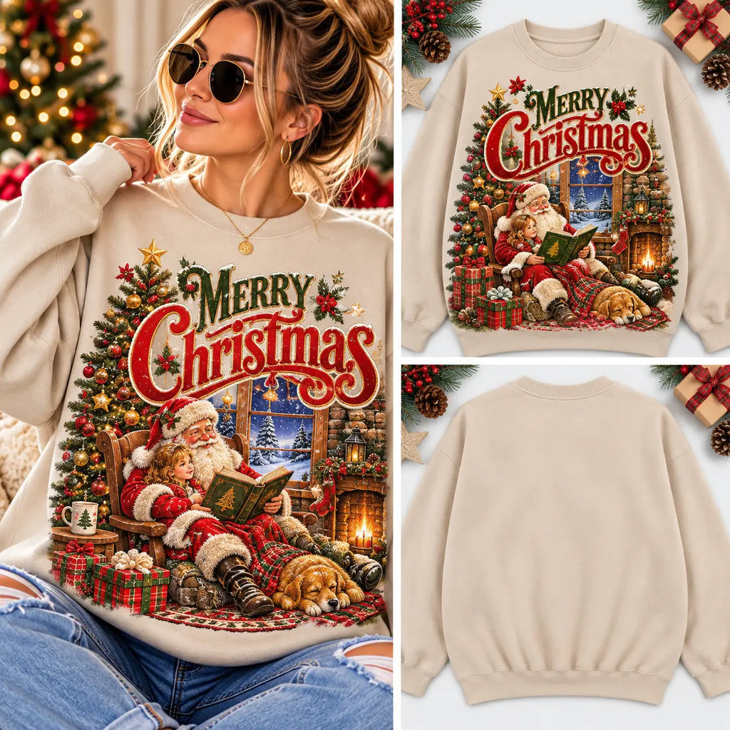 Retro Santa Reading Book By Christmas Tree Sand Sweatshirt