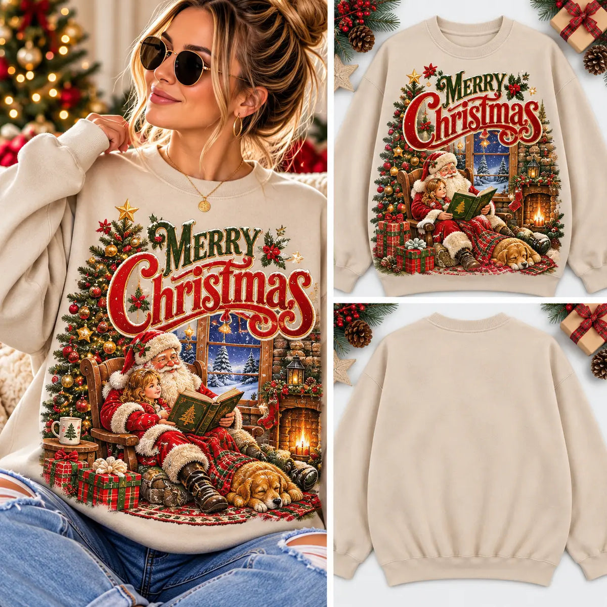 Retro Santa Reading Book By Christmas Tree Sand Sweatshirt