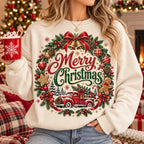 Vintage Merry Christmas Wreath Sweatshirt – Red Truck & Golden Bells Crewneck