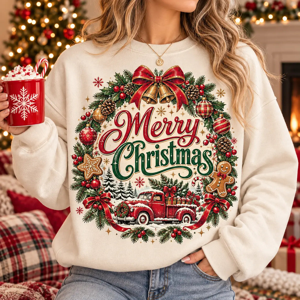 Vintage Merry Christmas Wreath Sweatshirt – Red Truck & Golden Bells Crewneck