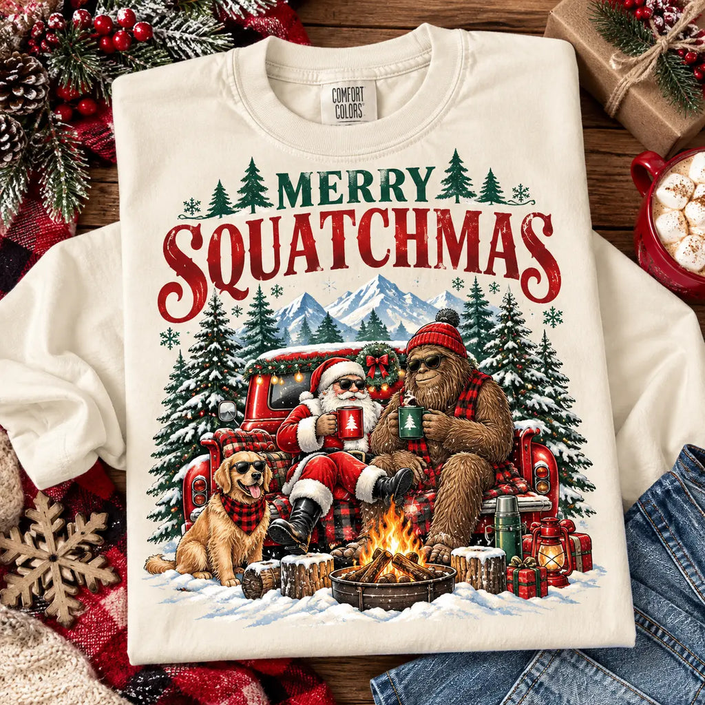 Merry Squatchmas Sweatshirt – Funny Bigfoot & Santa Campfire Crewneck