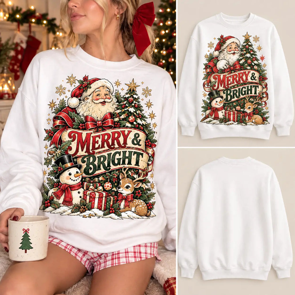 Vintage Merry & Bright Sweatshirt – Retro Santa Claus, Snowman & Reindeer Crewneck