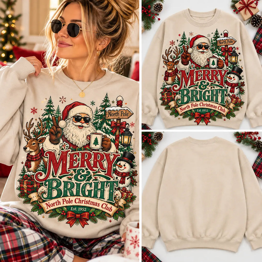 Cozy Merry & Bright North Pole Christmas Graphic Crewneck Sweatshirt