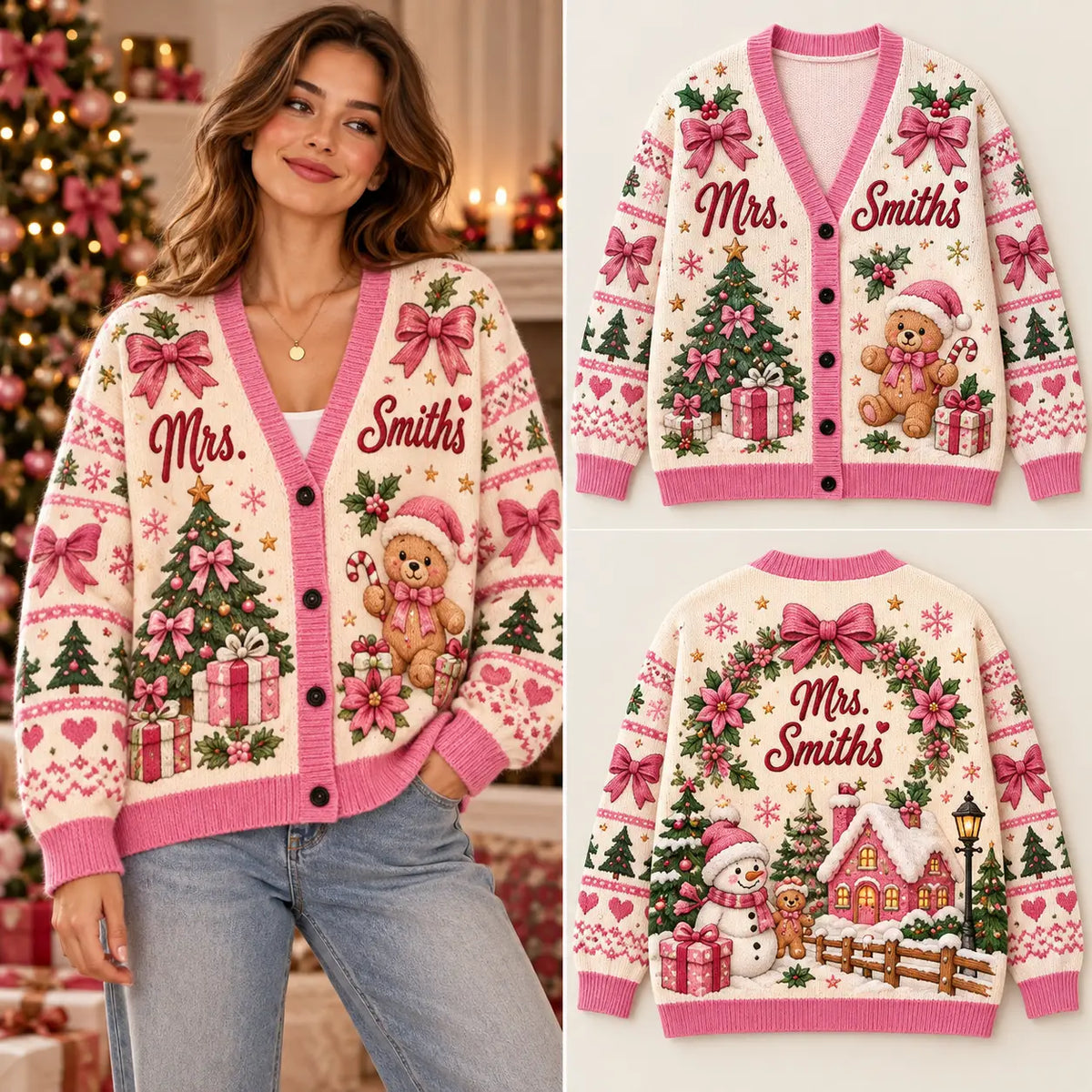 Personalized Name Cozy Mrs. Smiths Christmas Knitted Cardigan, Cozy Winter Outfit Sweater