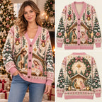 Christian Holy Family Nativity Scene Knitted Cardigan Sweater - Blessed Pink Holiday Knitwear for Women