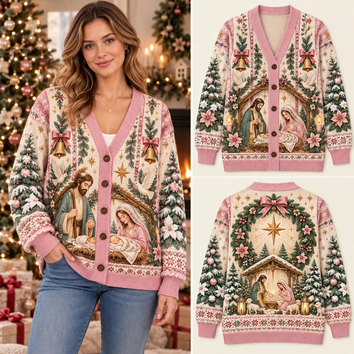 Christian Holy Family Nativity Scene Knitted Cardigan Sweater - Blessed Pink Holiday Knitwear for Women