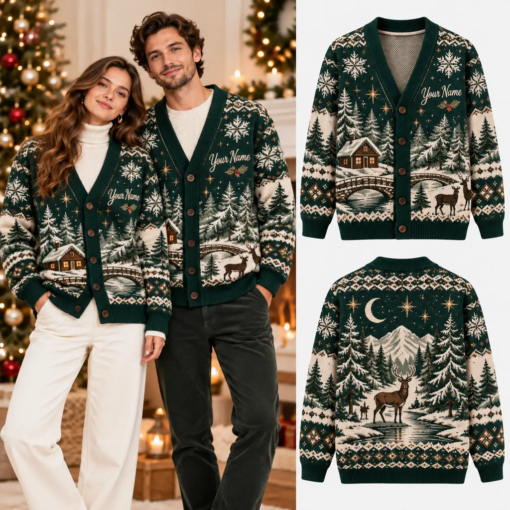 Personalized Name Cozy Nordic Holiday Knitted Cardigan, Festive Winter Outfit Sweater